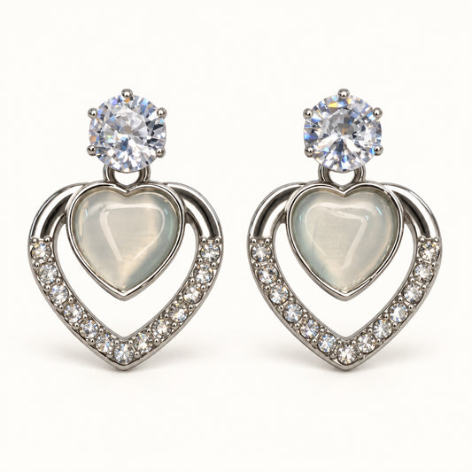 Front view of Argent Opaline Heart Drops showing the crystal-edged heart frame