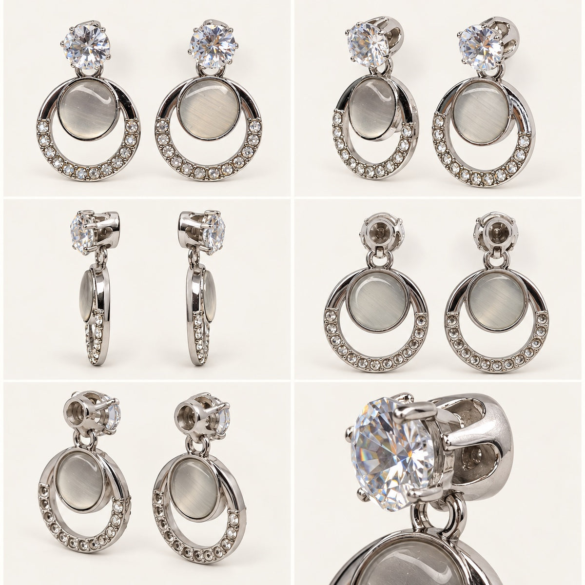 Multi-angle 360 view of Argent Opaline Orbit Drops silver-tone drop earrings