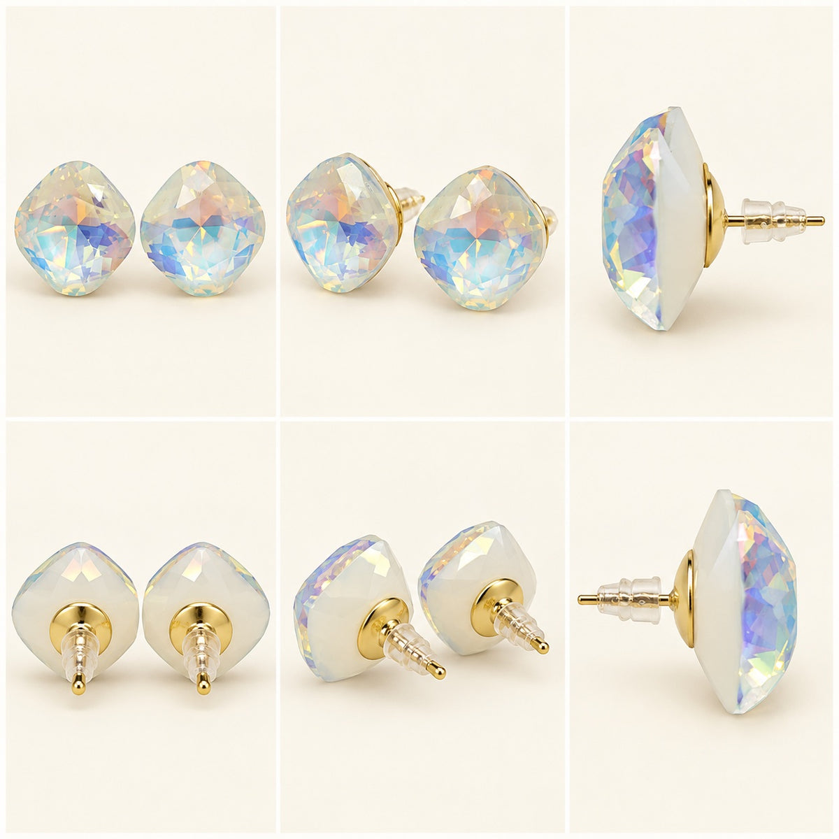 360 degree view of Aurora White Crystal Studs cushion crystal earrings
