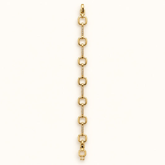 Front view of gold-tone cushion link chain bracelet with sparkling stone bars