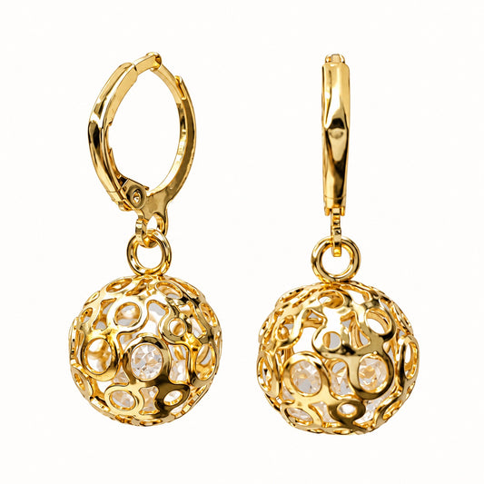 Front view of Gilded Filigree Orb Huggie Drops gold-tone filigree orb huggie drop earrings