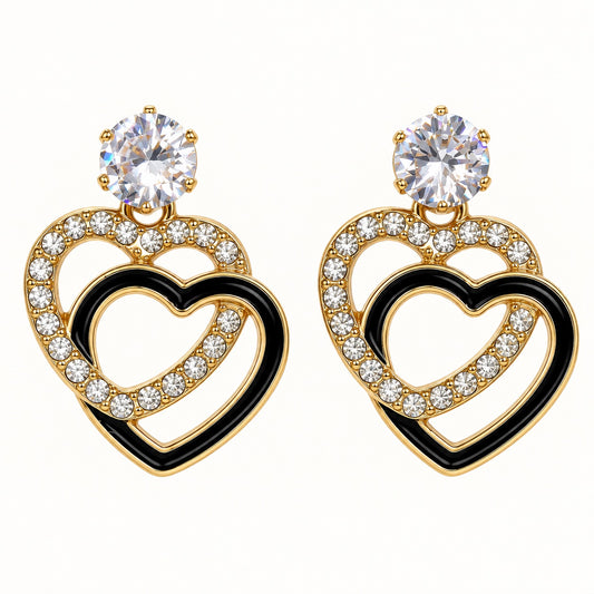 Front view of Gilded Noir Heart Drops gold-tone heart drop earrings