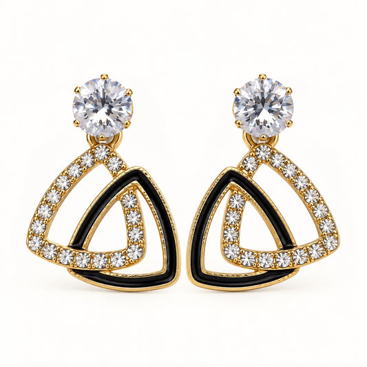 Front view of Gilded Noir Trillion Drops gold-tone trillion drop earrings