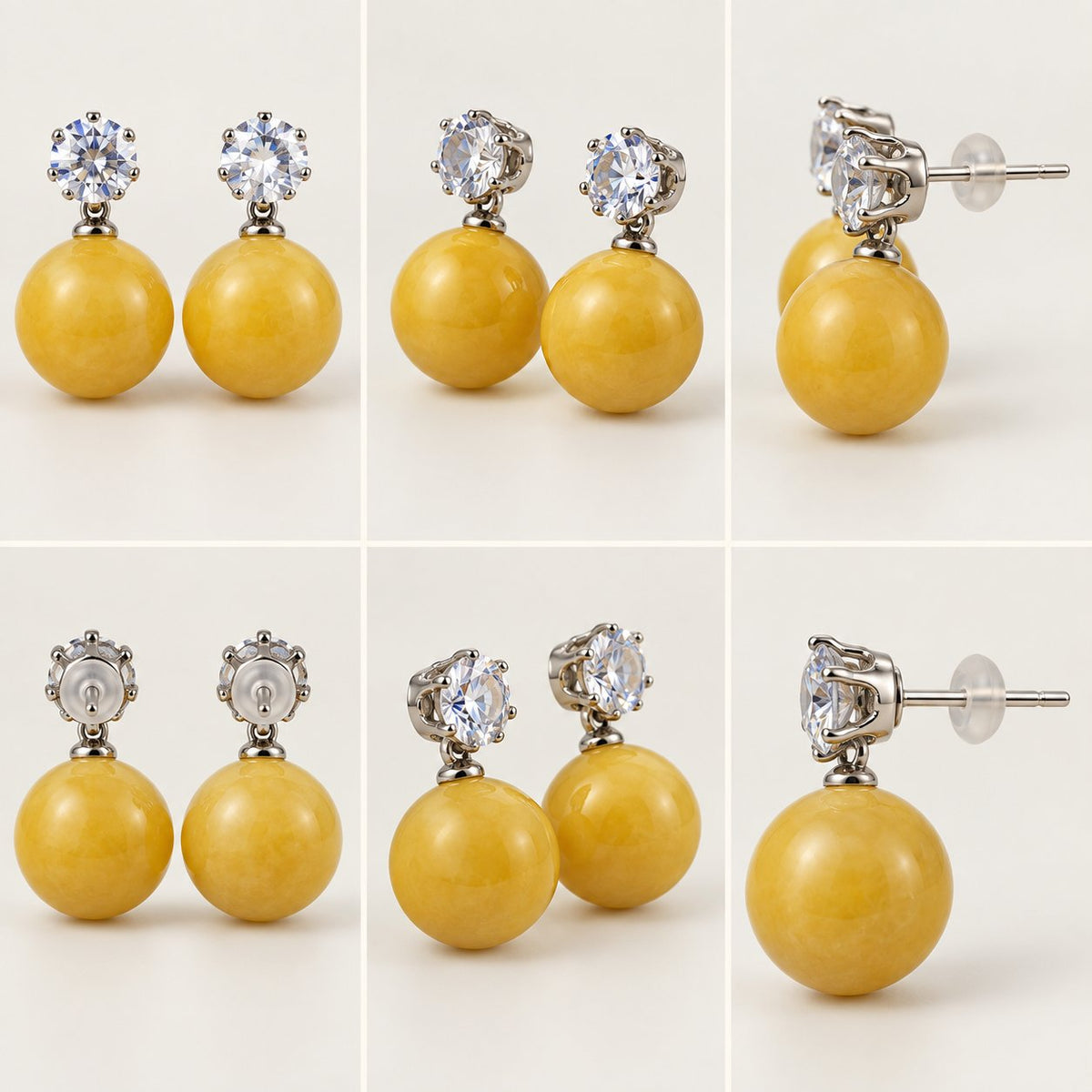 360 degree collage of the Marigold Yellow Lustre Orb Drop Earrings from every angle