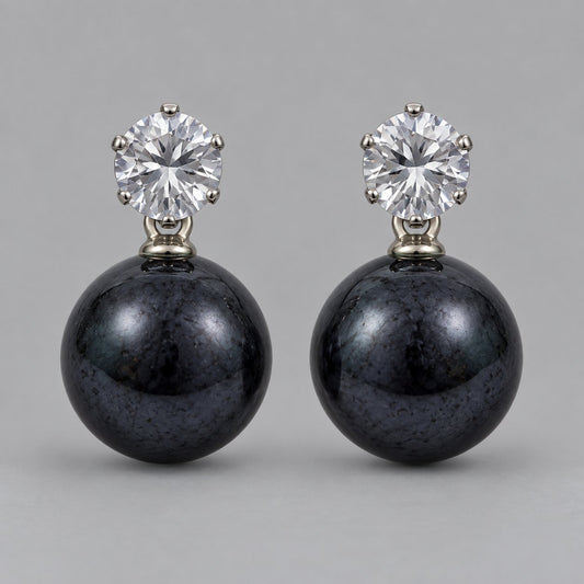 Front view of the silver-tone midnight black orb drop earrings