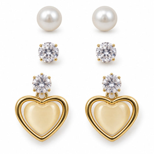 Front view of the Opaline Heart Earring Trio with all three pairs