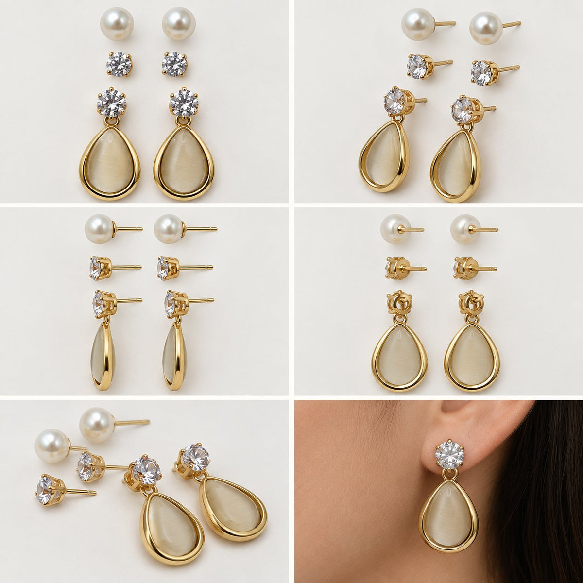 360 degree collage of Opaline Teardrop Earring Trio from every angle