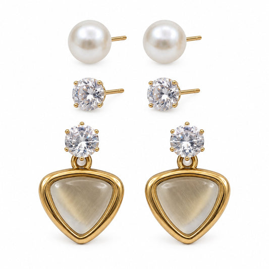 Front view of the Opaline Trillion Earring Trio with all three pairs