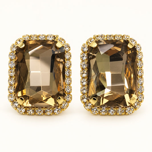 Front view of Regal Champagne Halo Studs showing the crystal halo and champagne centre stone