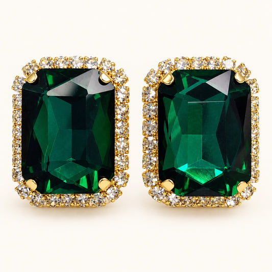 Front view of Regal Emerald Green Halo Studs showing the crystal halo and emerald green centre stone