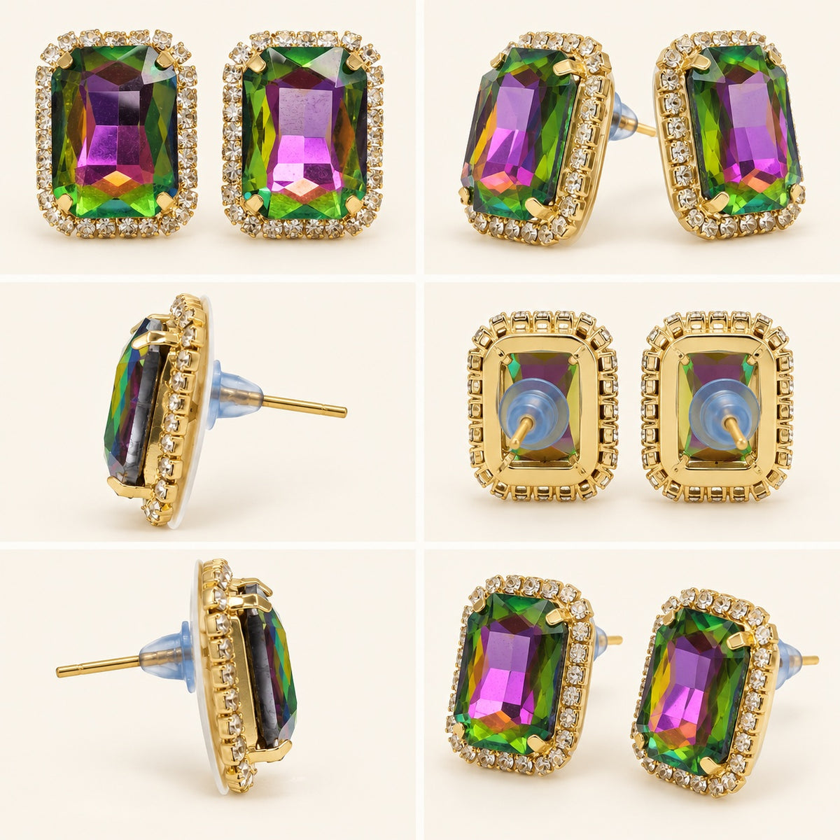 Multi-angle 360 view of Regal Mystic Rainbow Halo Studs gold-tone halo stud earrings