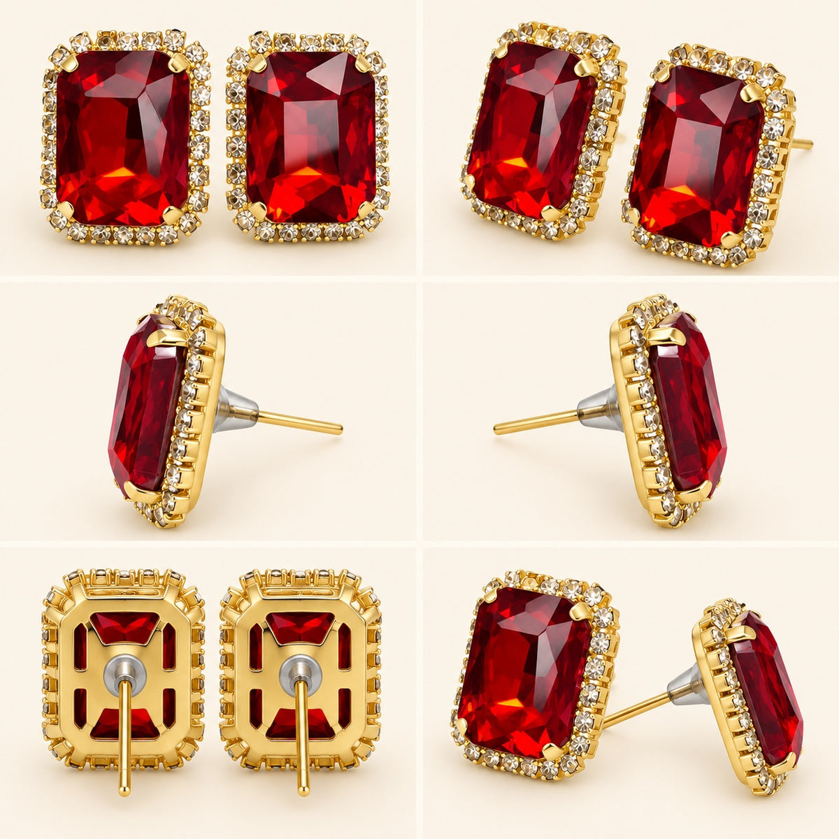 360 degree view of Regal Ruby Red Halo Studs gold-tone earrings