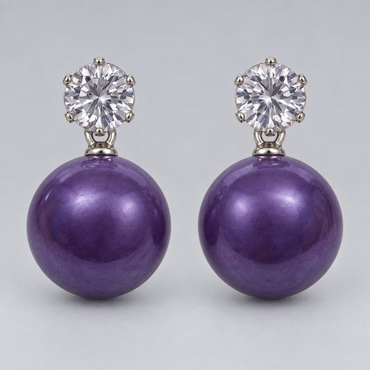 Front view of royal purple orb drop earrings with sparkling round top stones