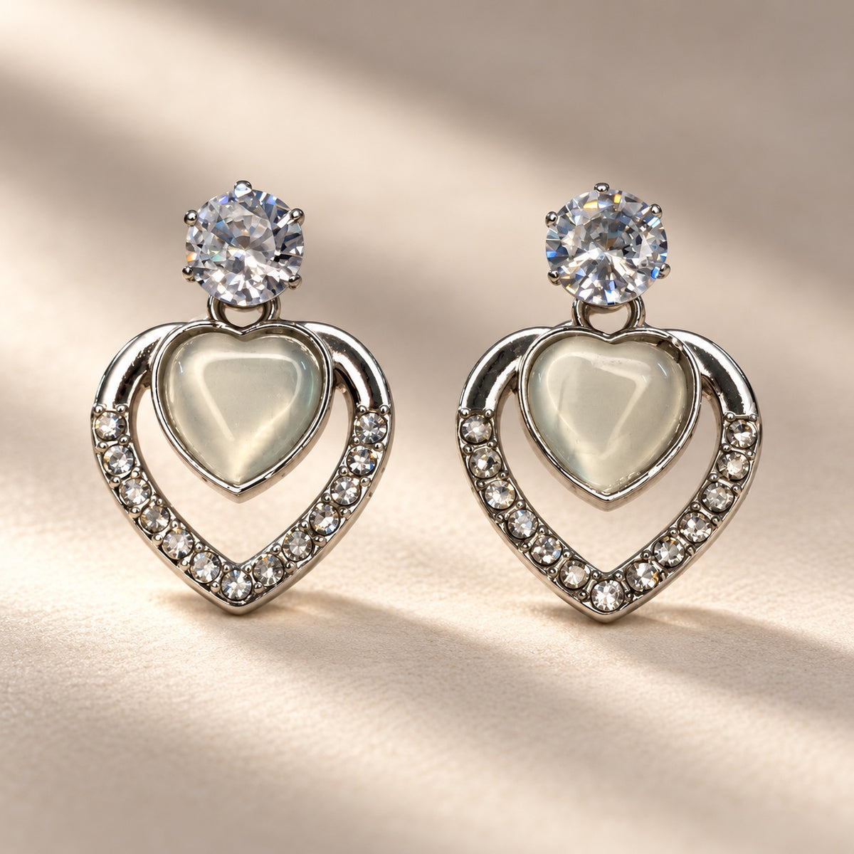 Argent Opaline Heart Drops silver-tone drop earrings with CZ top and opaline stone