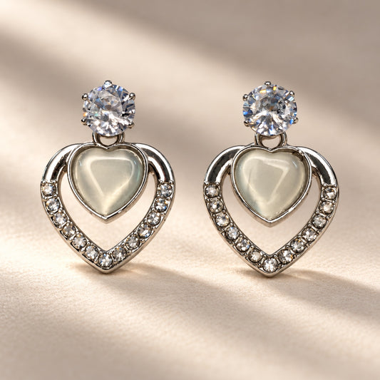 Argent Opaline Heart Drops silver-tone drop earrings with CZ top and opaline stone