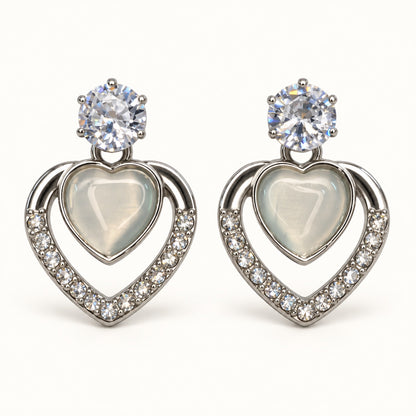 Front view of Argent Opaline Heart Drops showing the crystal-edged heart frame