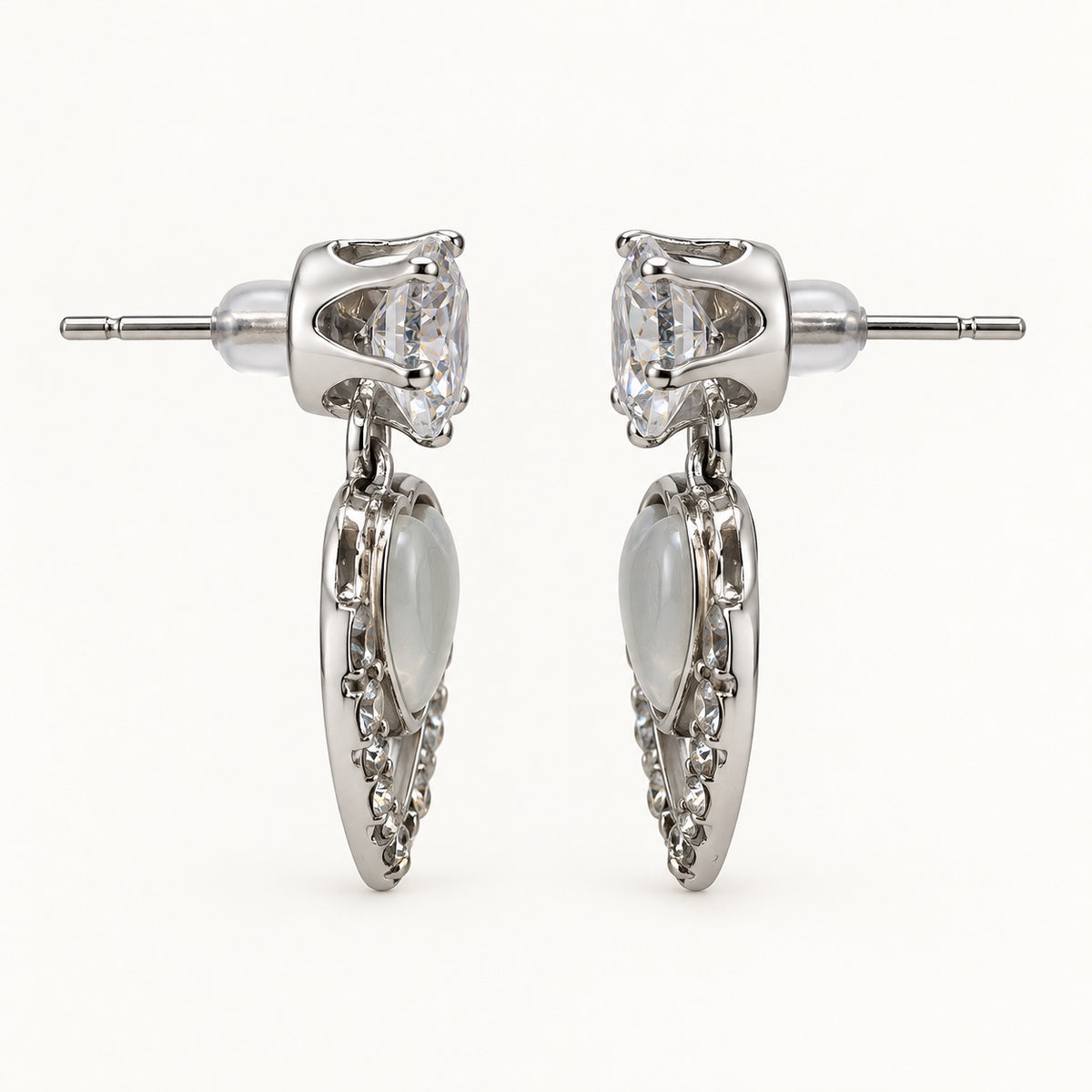 Side view of Argent Opaline Heart Drops showing the drop profile and push-back post