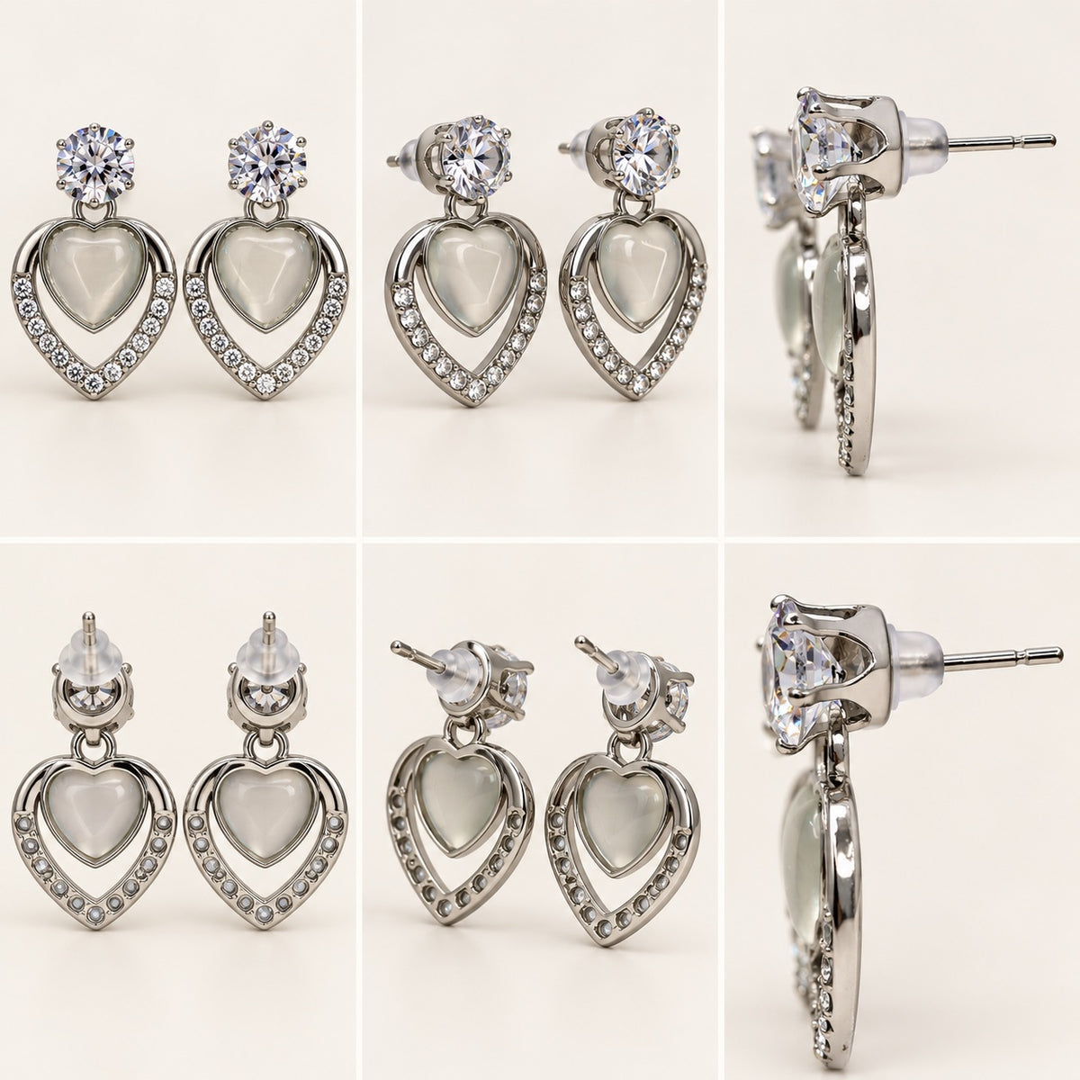 Multi-angle 360 view of Argent Opaline Heart Drops silver-tone drop earrings