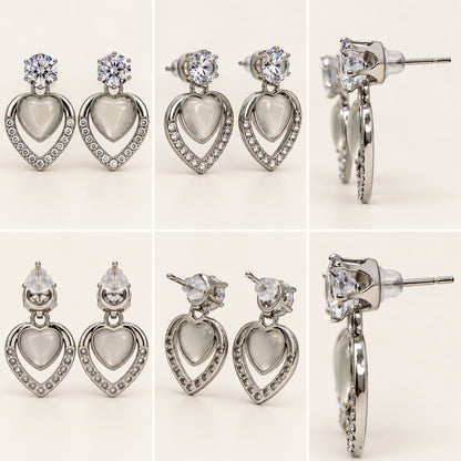 Multi-angle 360 view of Argent Opaline Heart Drops silver-tone drop earrings