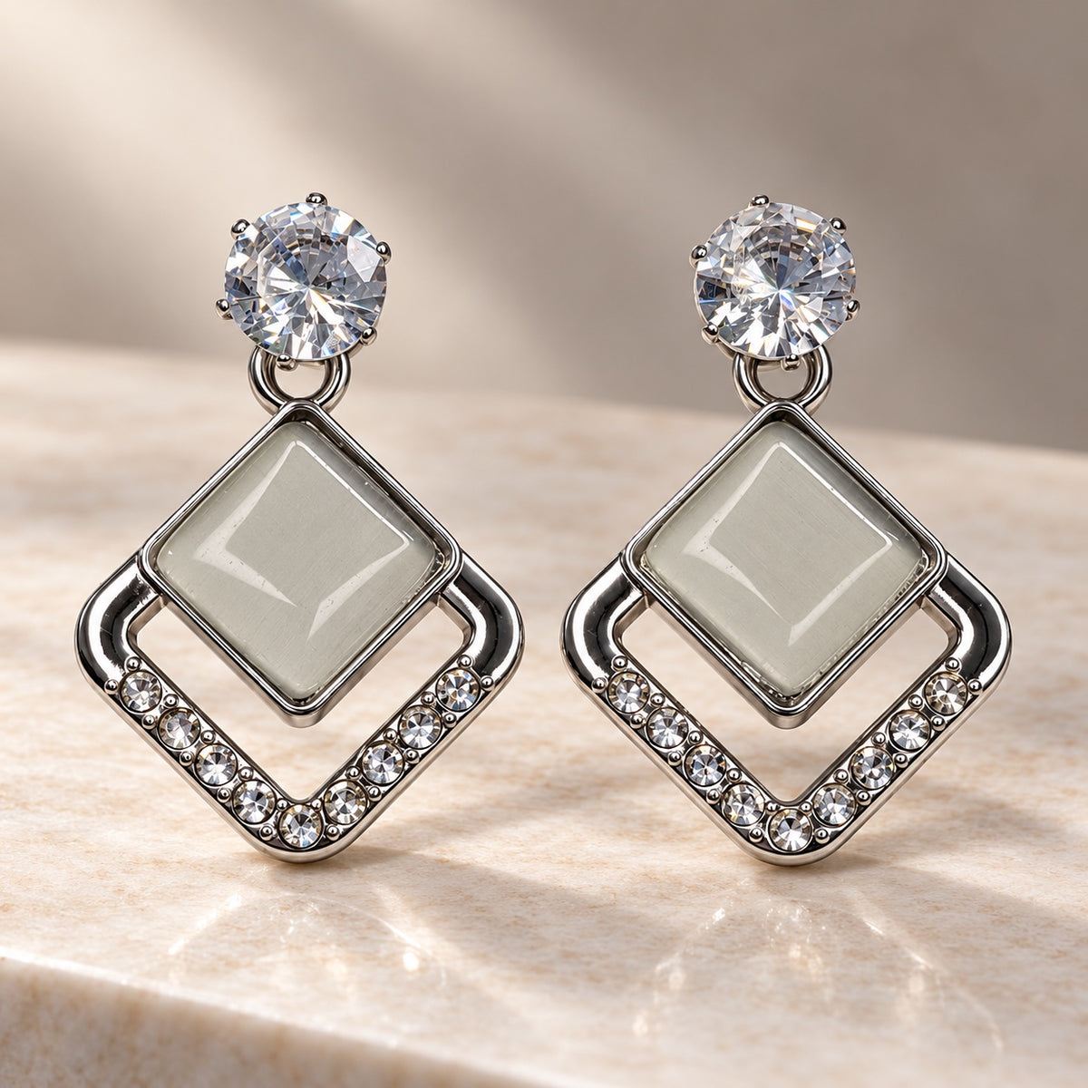 Argent Opaline Rhombus Drops silver-tone drop earrings with CZ top and opaline stone