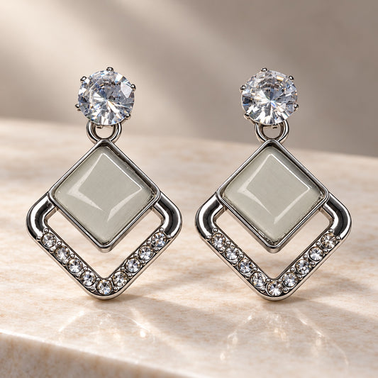 Argent Opaline Rhombus Drops silver-tone drop earrings with CZ top and opaline stone