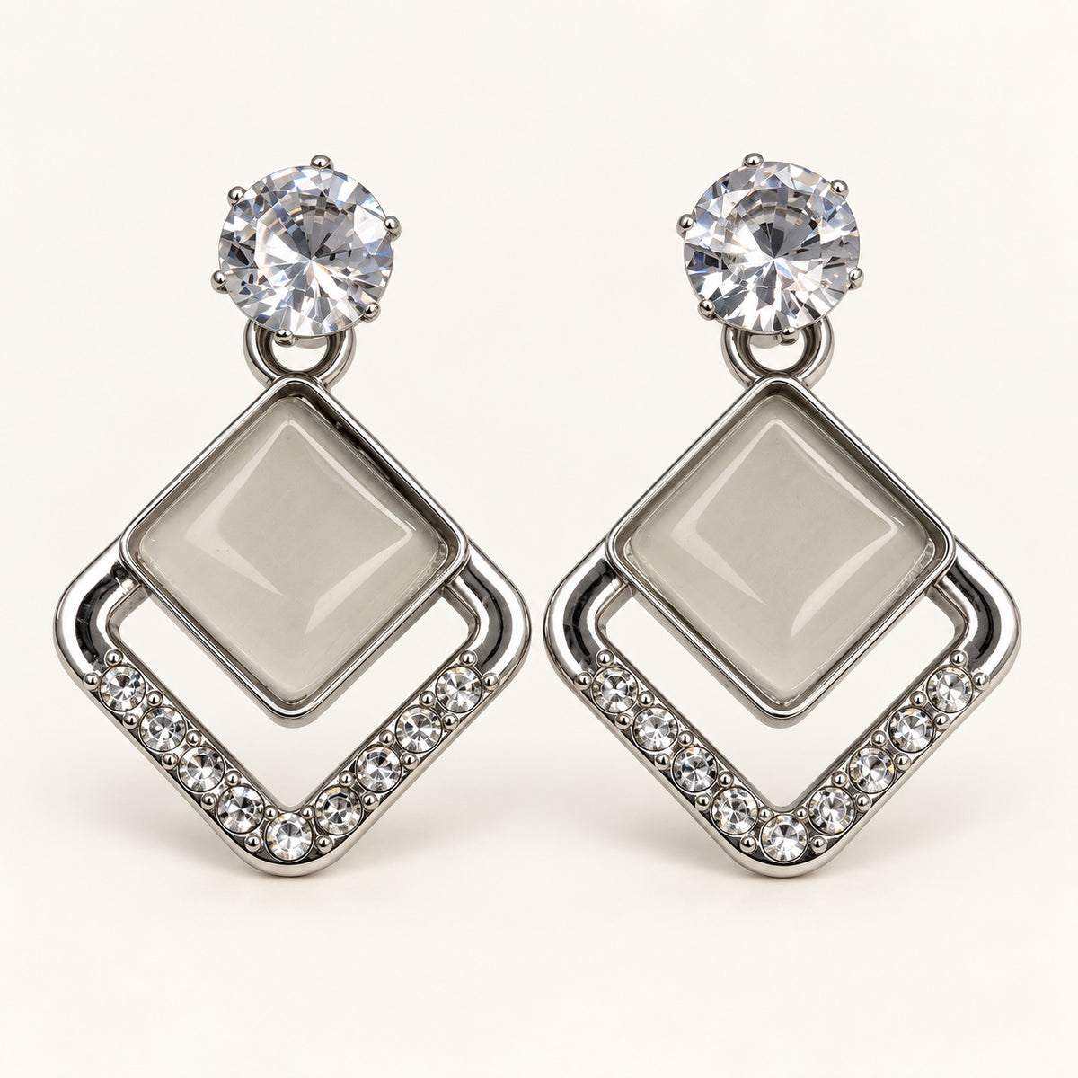 Front view of Argent Opaline Rhombus Drops showing the crystal-edged rhombus frame