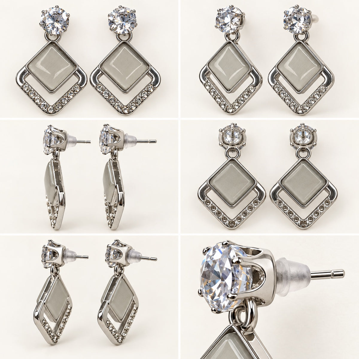 Multi-angle 360 view of Argent Opaline Rhombus Drops silver-tone drop earrings