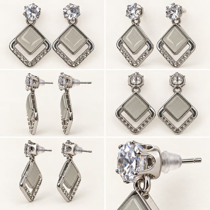Multi-angle 360 view of Argent Opaline Rhombus Drops silver-tone drop earrings