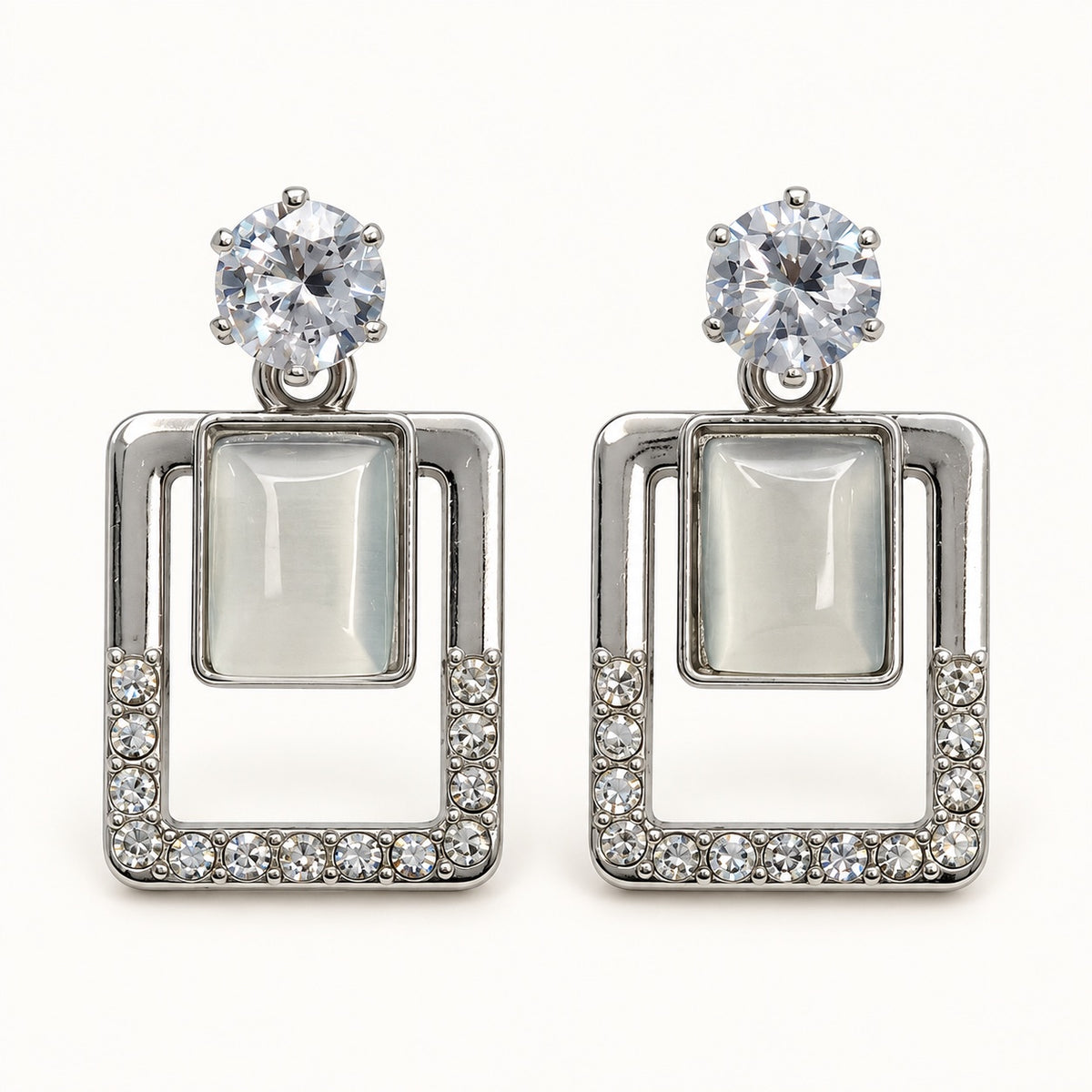 Front view of Argent Opaline Square Drops showing the crystal-edged square frame