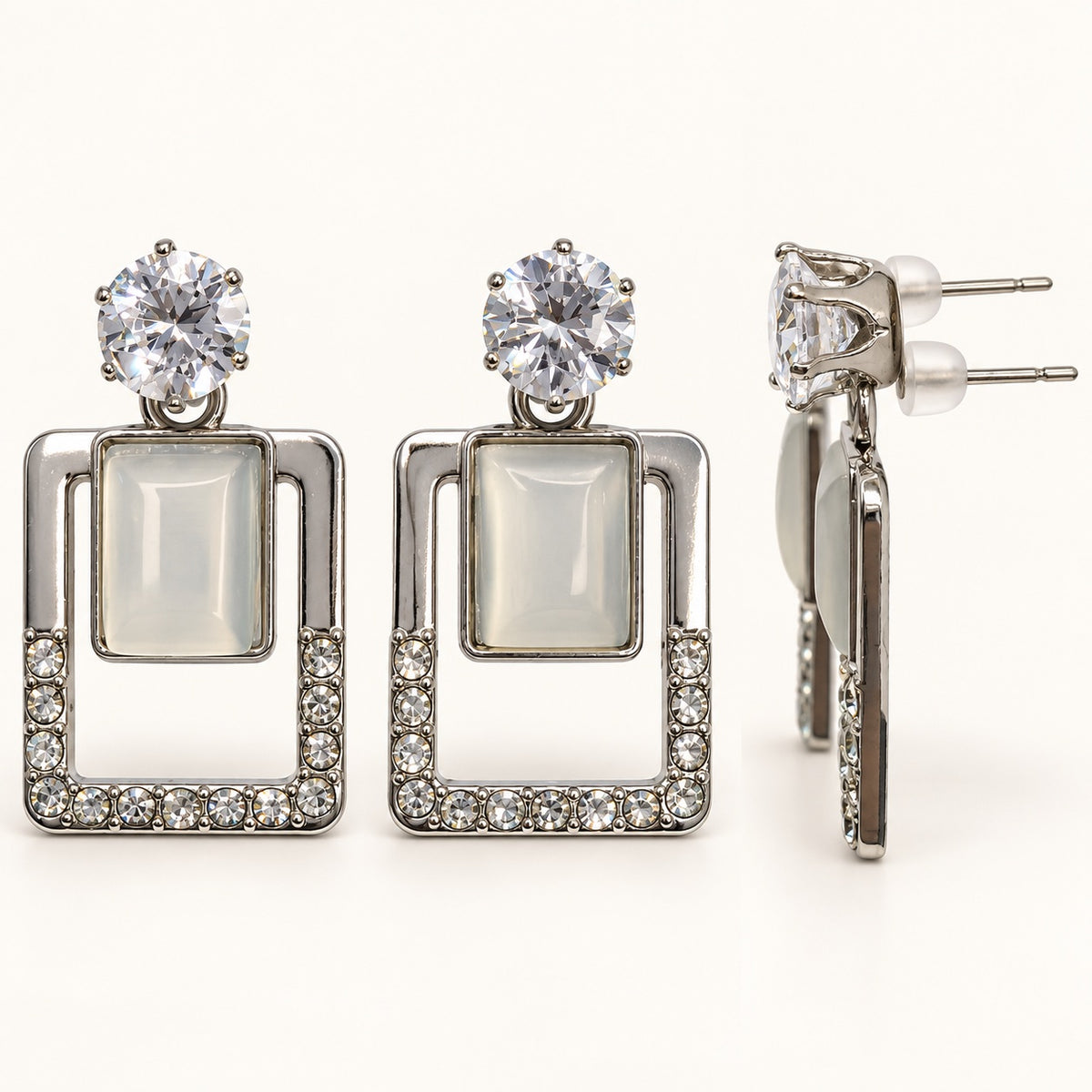 Side view of Argent Opaline Square Drops showing the drop profile and push-back post