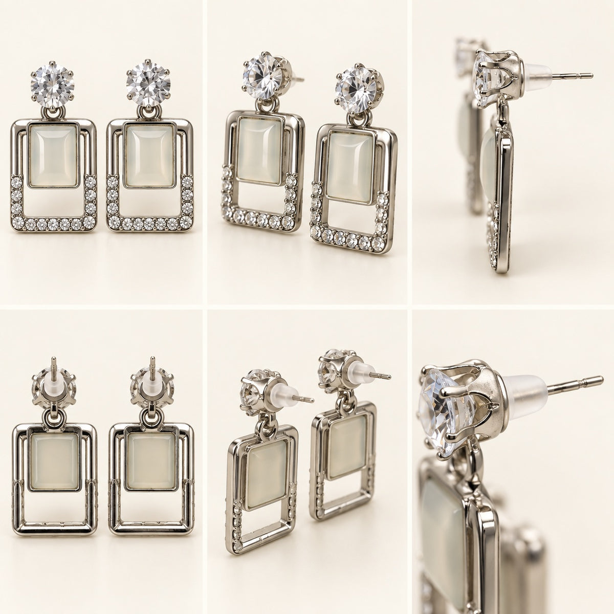 Multi-angle 360 view of Argent Opaline Square Drops silver-tone drop earrings