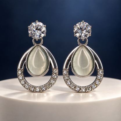 Argent Opaline Teardrop Drops silver-tone earrings with sparkling top stone and opaline teardrop on a pedestal