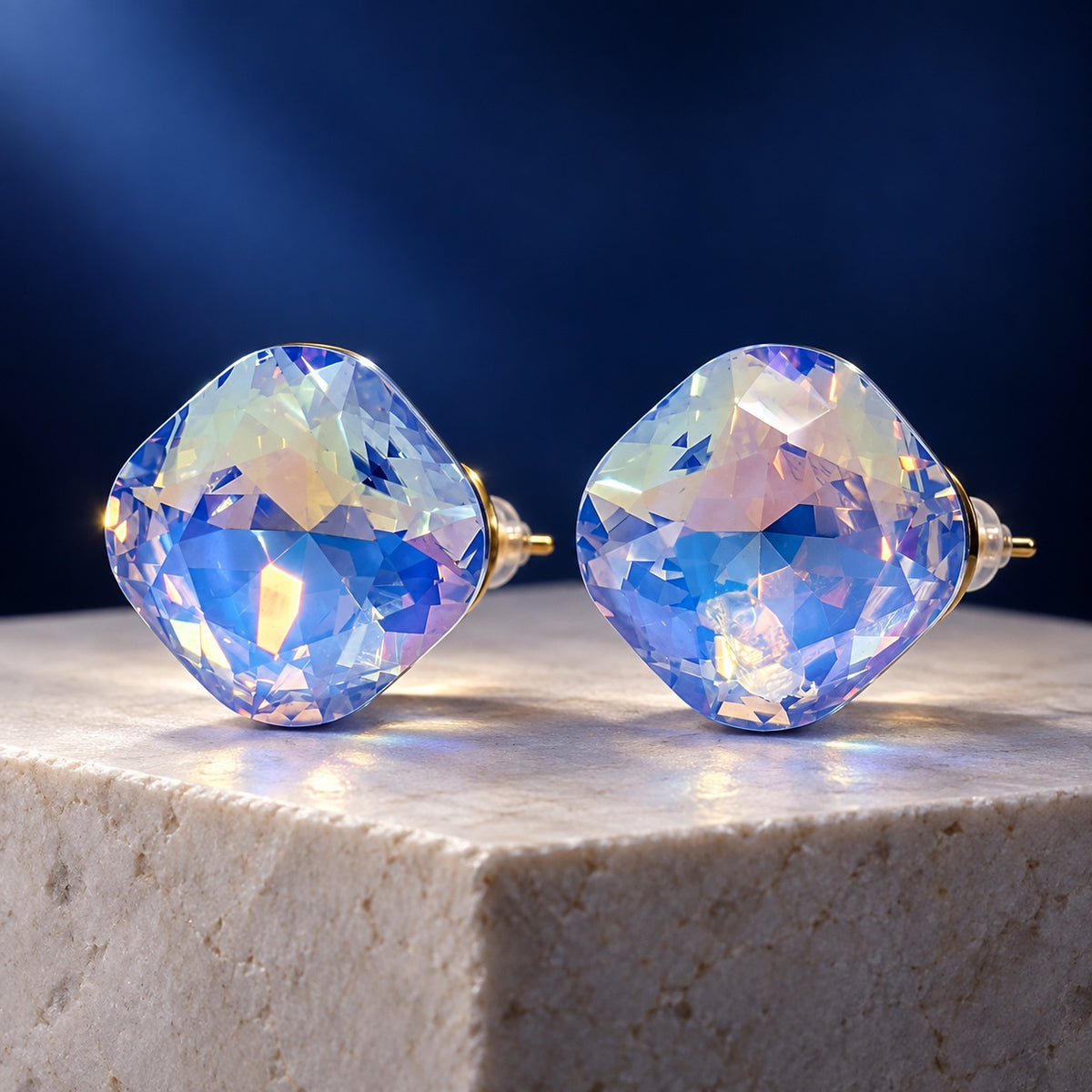 Aurora Blue Crystal Studs iridescent cushion-cut stud earrings with gold-tone posts on a stone block