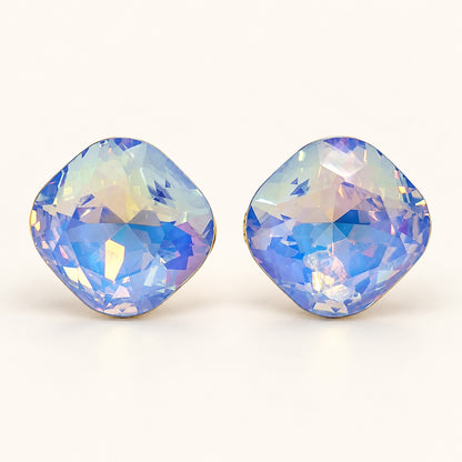 Front view of iridescent blue cushion crystal stud earrings