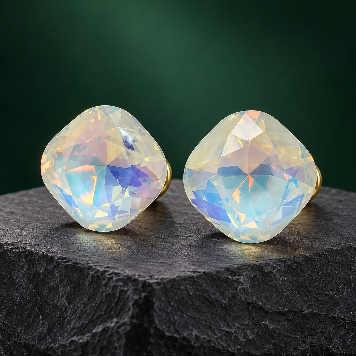 Aurora White Crystal Studs pearly cushion-cut stud earrings with gold-tone posts on a dark stone block