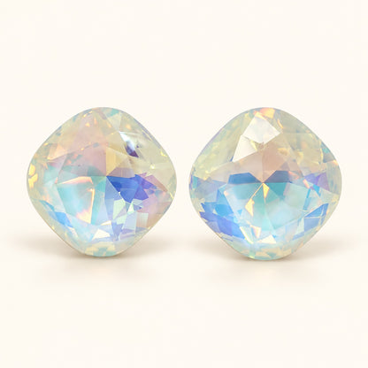 Front view of pearly white cushion crystal stud earrings