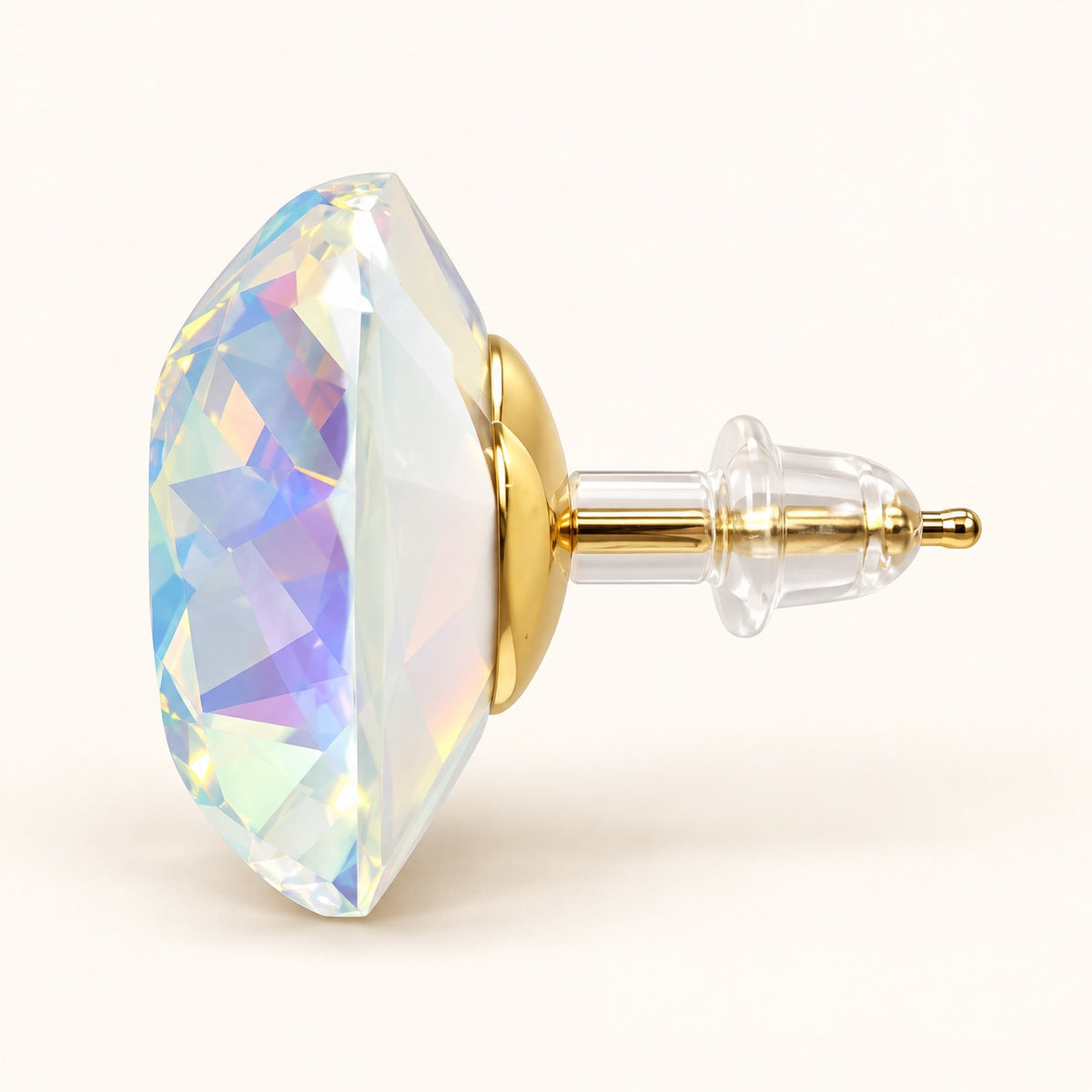 Side view of white cushion crystal stud earrings showing gold-tone post