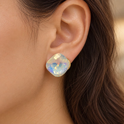 Model wearing Aurora White Crystal Studs pearly stud earrings