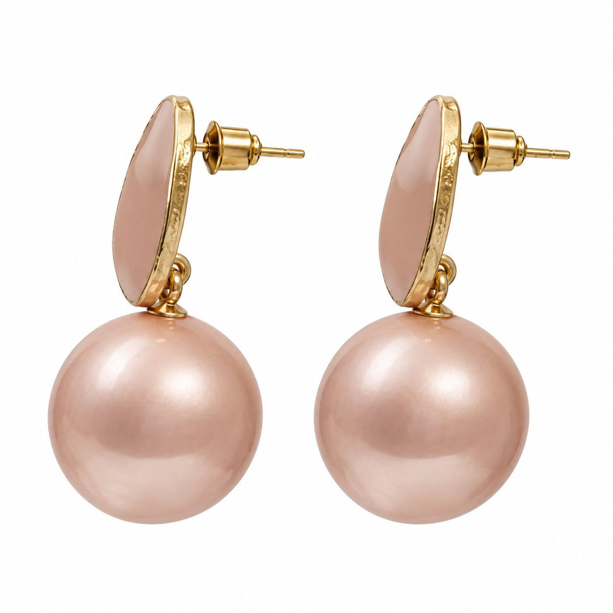 Side view of blush pebble pearl drop earrings showing push-back post