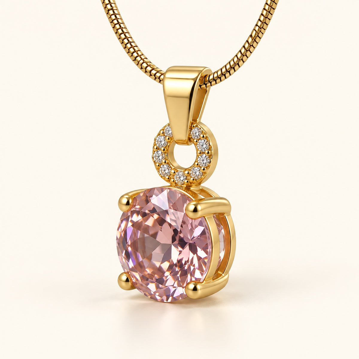 Side view of blush solitaire pendant necklace showing the four-claw setting