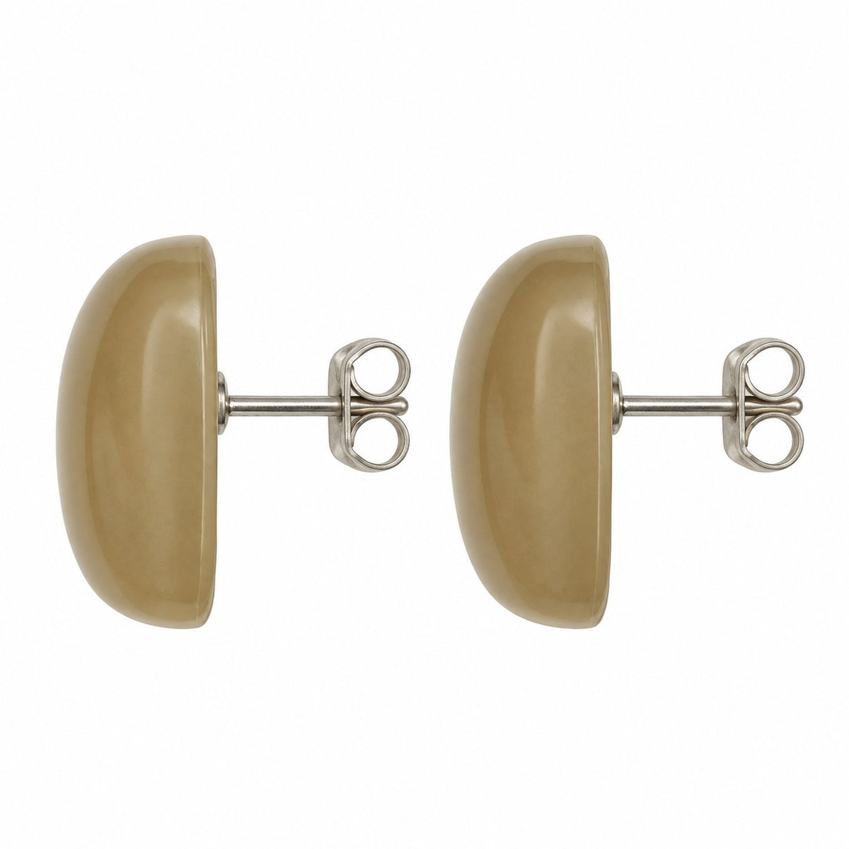 Side view of champagne cabochon stud earrings showing the domed profile and post
