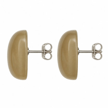 Side view of champagne cabochon stud earrings showing the domed profile and post
