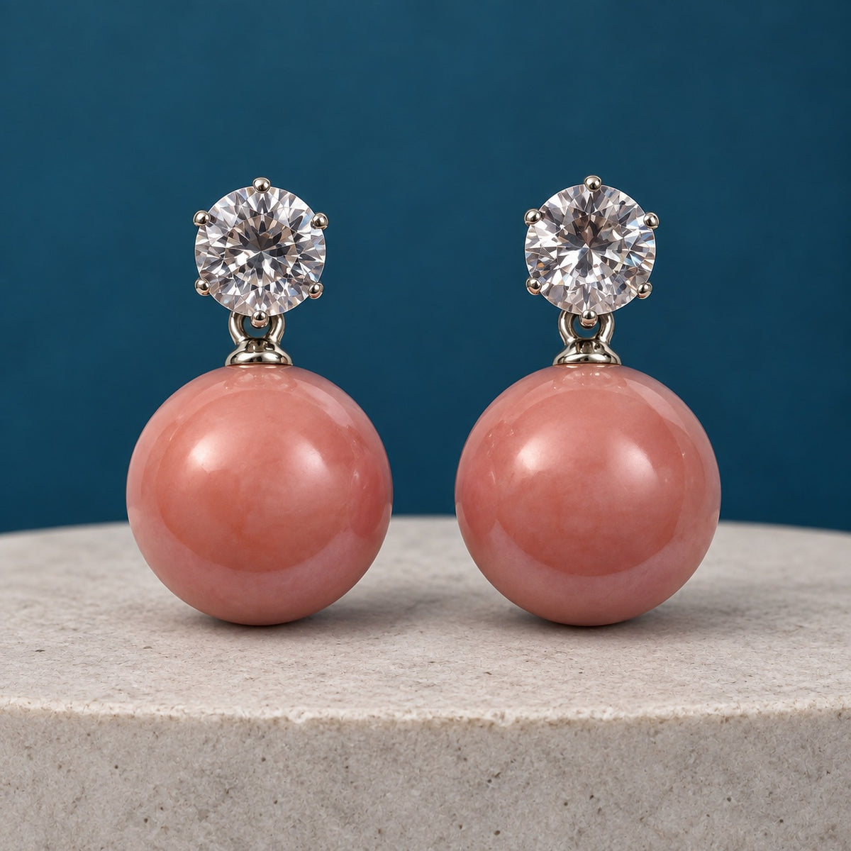 Coral Pink Lustre Orb Drops silver-tone earrings with sparkling top stones and glossy coral pink orbs on a cream pedestal