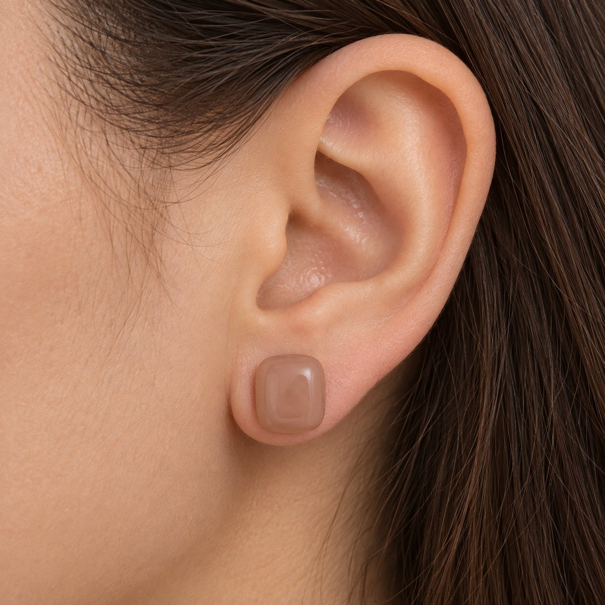 Model wearing Dusty Rose Cabochon Studs muted pink stud earrings