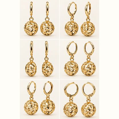 360 degree view of Gilded Filigree Orb Huggie Drops gold-tone filigree orb huggie drop earrings