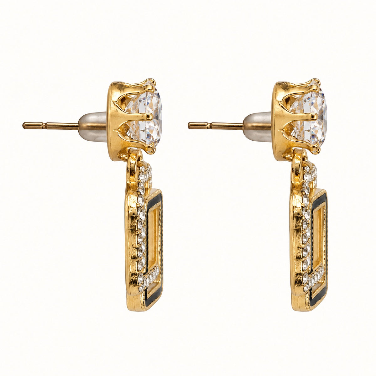 Side view of Gilded Noir Square Drops gold-tone square drop earrings