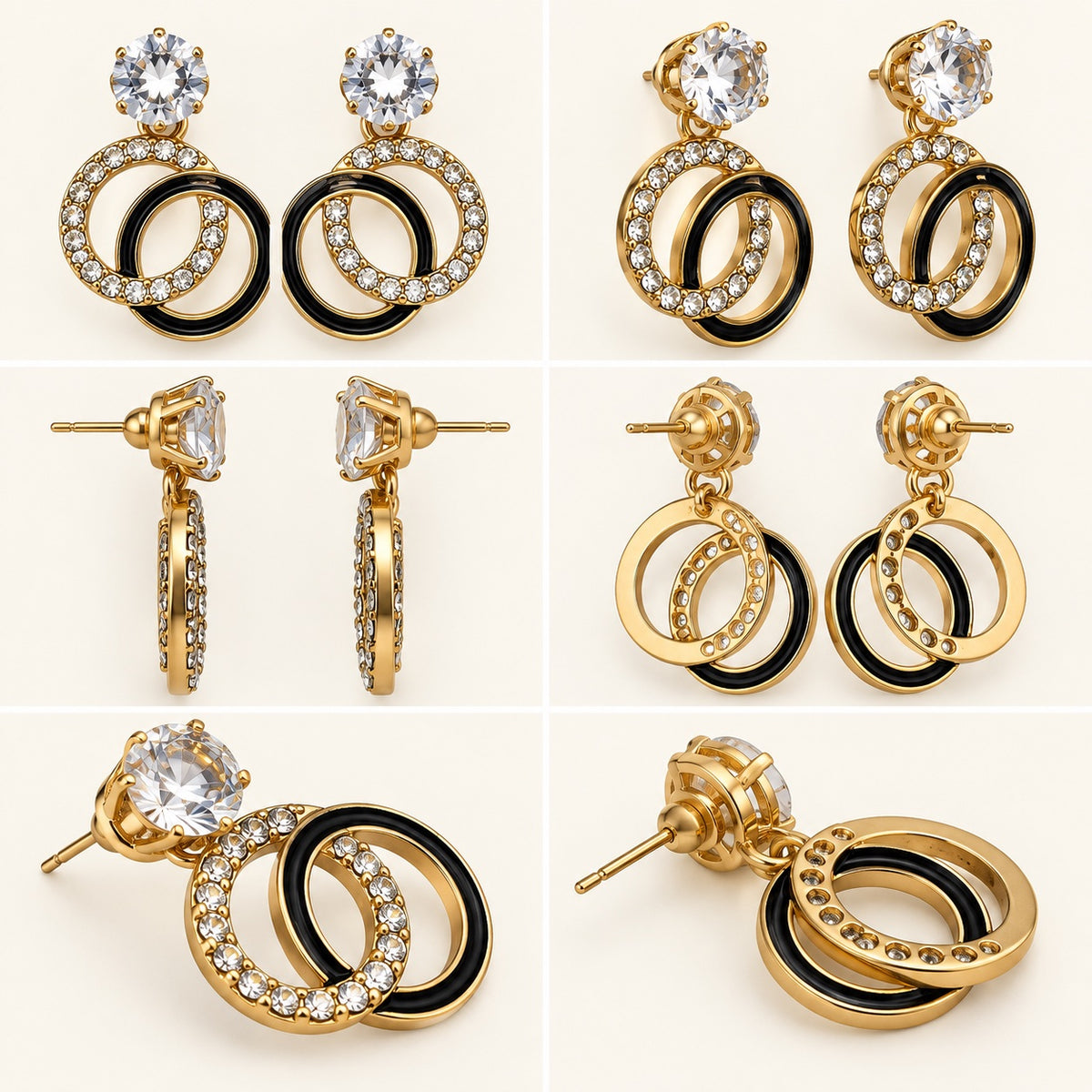 360 degree view of Gilded Noir Twin Orbit Drops gold-tone twin orbit drop earrings