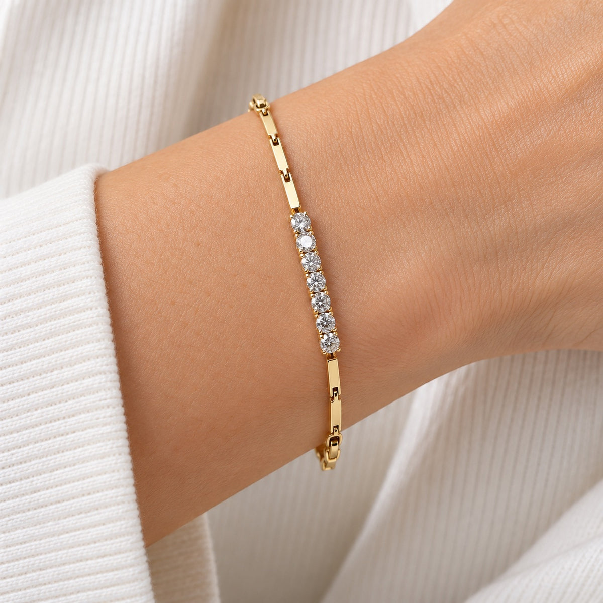 Gilded Pave Bar Bracelet gold-tone pave bar bracelet worn on model