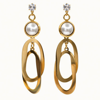 Front view of Gilded Pearl Oval Loop Drops gold-tone pearl oval loop drop earrings