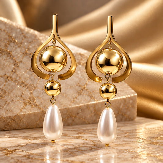 Gilded Pearl Teardrop Chandeliers gold-tone pearl teardrop chandelier earrings styled on cream marble